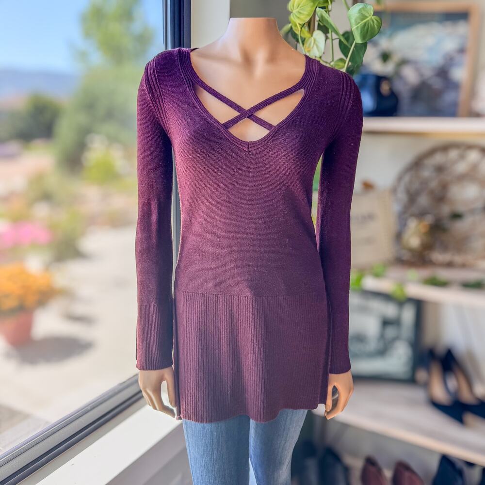 Free People Andi Criss Cross V-Neck Tunic Sweater Maroon Plum XS Fall Autumn